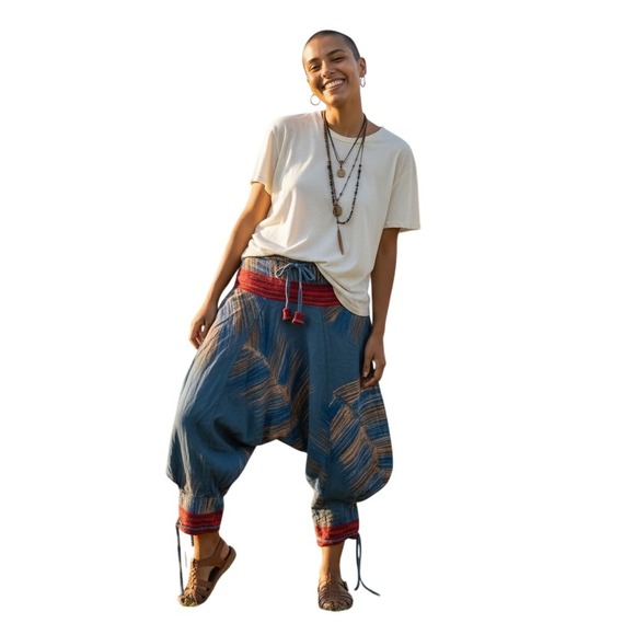 Other - Unisex Thai Harem Pants Blue Cotton Boho Hippie Aladdin Yoga Trousers OSFM